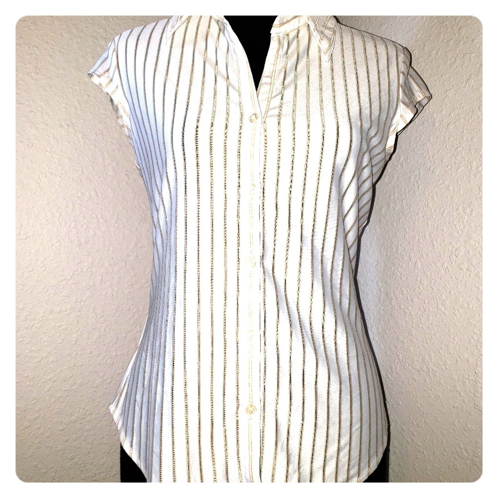 Womens Tan and White Striped Button Down Blouse